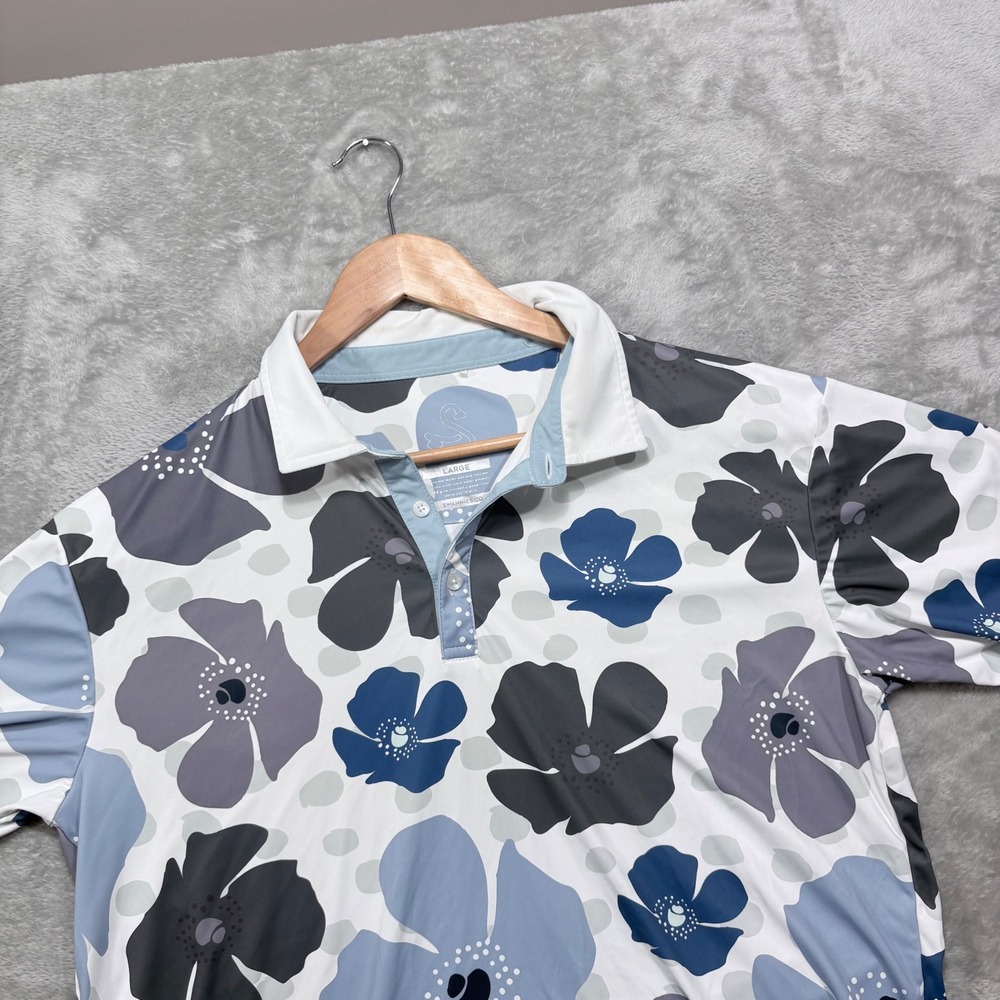 Swannies Golf Polo Mens Large Blue Grey Floral Print Short Sleeve Performance
